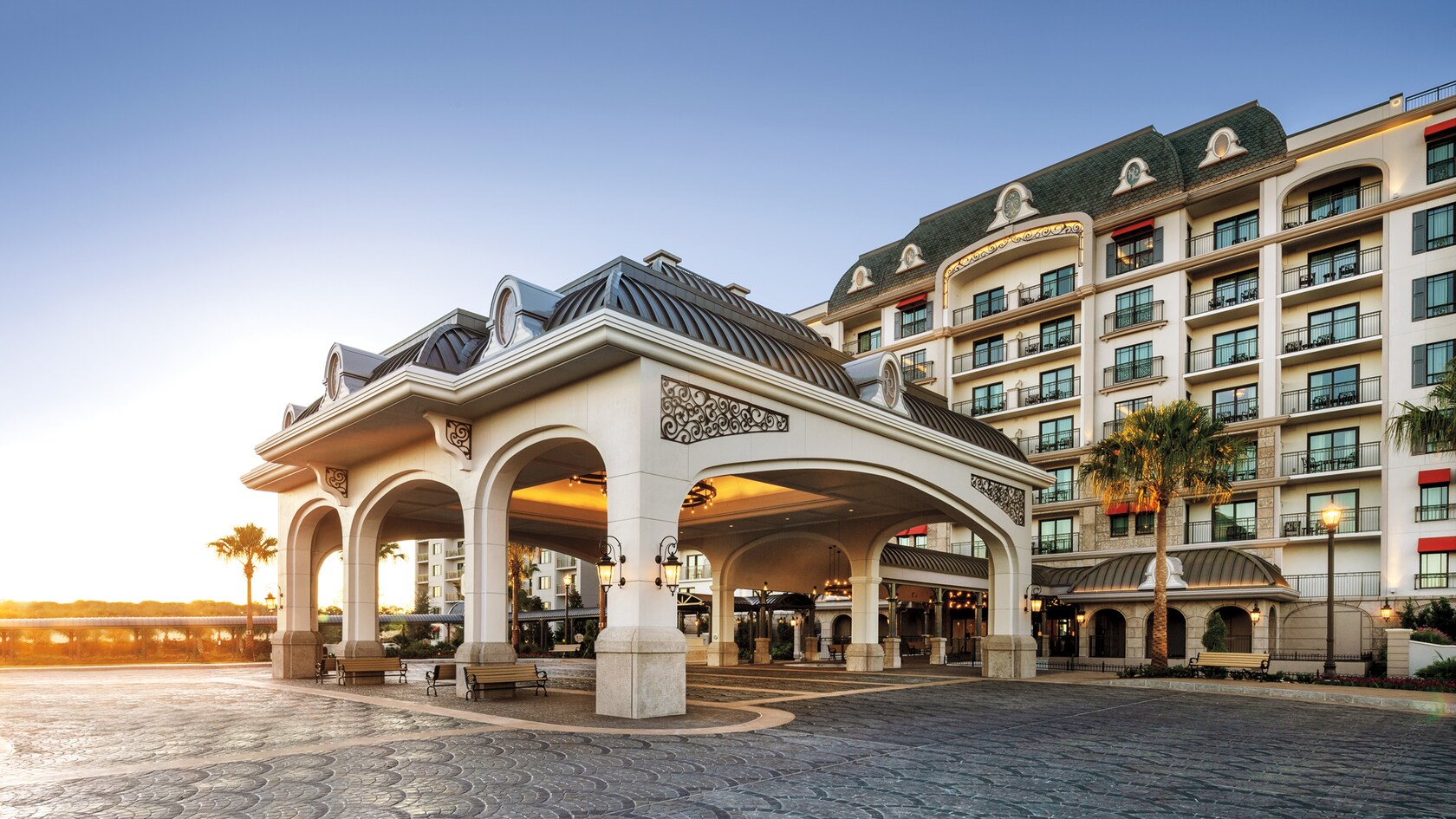 Disney’s Riviera Resort with its gardens, balconies, and European-inspired architecture